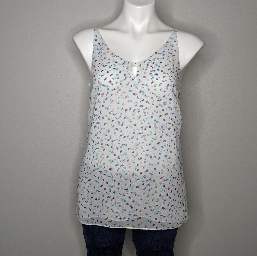 ✨3/$15 CAbi blue pink purple polka dot semi sheer tank top blouse XS